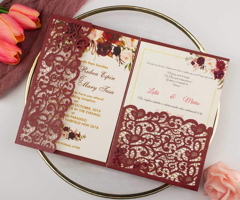Lucky Star 25 sets Burgundy Vintage Tri Fold Wedding Invitations Cards Laser Cut Hollow Pocket Fold Greeting Invites With Envelopes 5x7 - Image 2